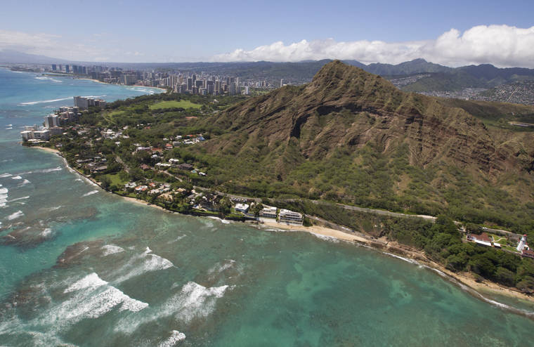 An aerial view of Diamond Head Crater for the Diamond Head hike article.